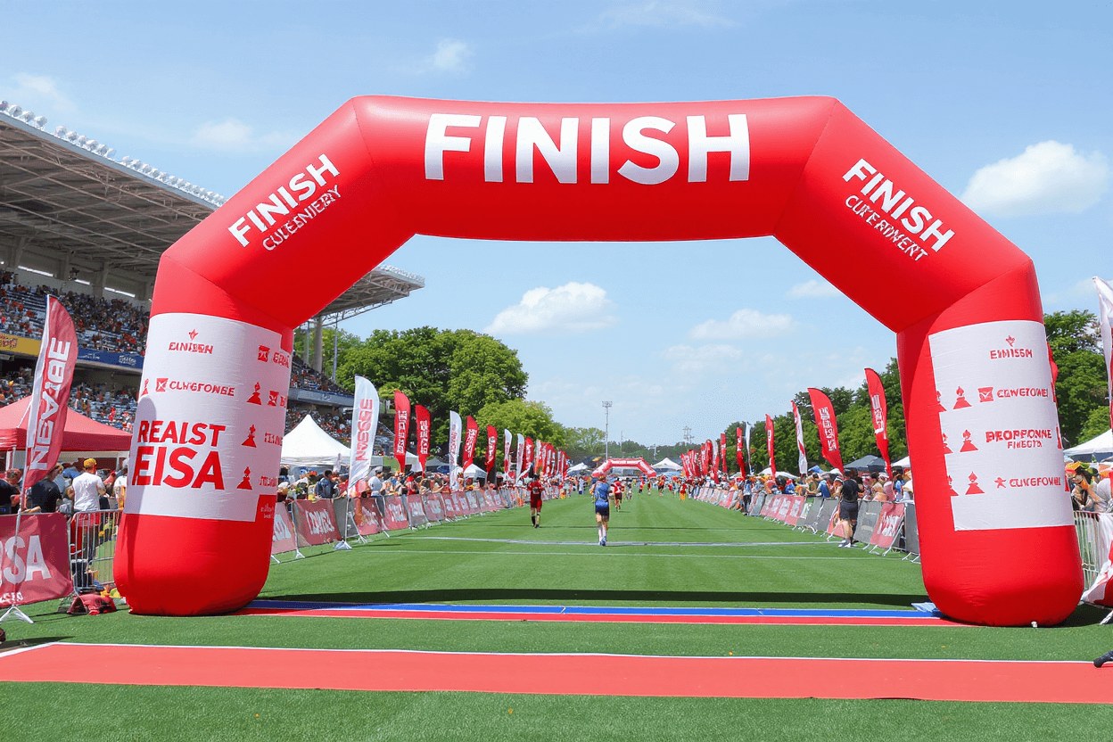 Arche gonflable rouge FINISH sur une piste d'athlétisme avec coureur et public