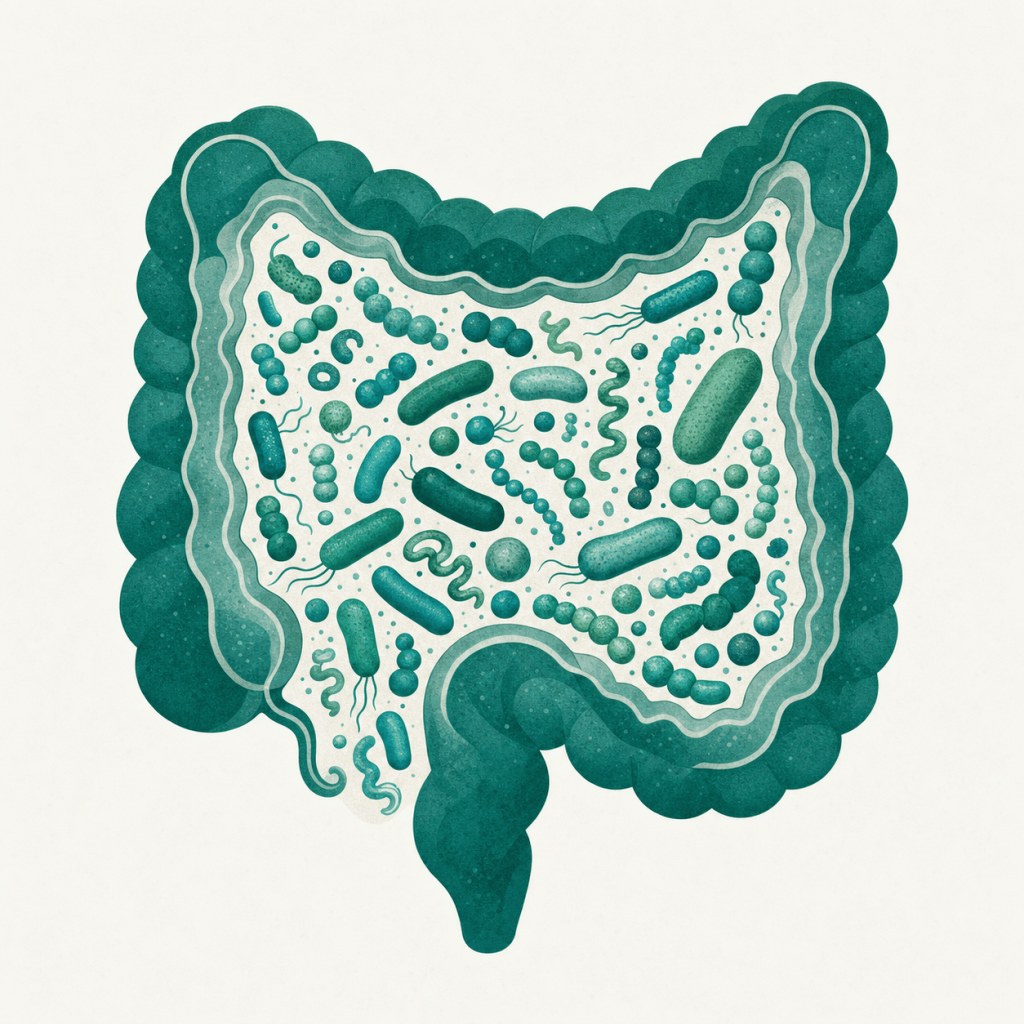Illustration du microbiote intestinal avec diverses bactéries colorées en vert